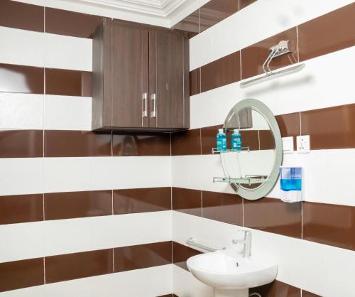 a bathroom with a sink and a mirror at El-King Home Lodge in Afwerasi