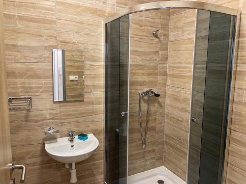 y baño con ducha, lavabo y aseo. en Grand apartments in the centre of Teplice en Teplice