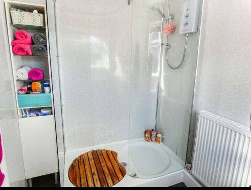 a bathroom with a shower with a wooden toilet seat at Sommerset Cottages - 2 BR House in Sunderland