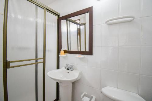 a bathroom with a sink and a toilet and a mirror at Hotel Toledo Plaza in Armenia