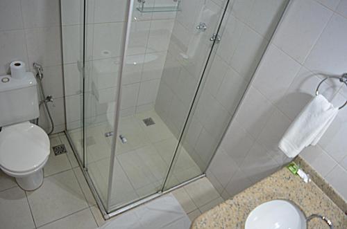 a bathroom with a shower and a toilet at SG Palace Hotel in Taubaté