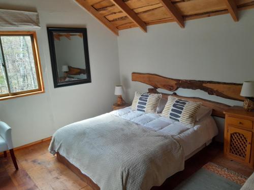 a bedroom with a large bed and a mirror at Lodge Tenis Pucon cl in Pucón