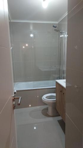 ein Badezimmer mit Toilette und Glasdusche in der Unterkunft Departamento Nueva Villarrica in Villarrica