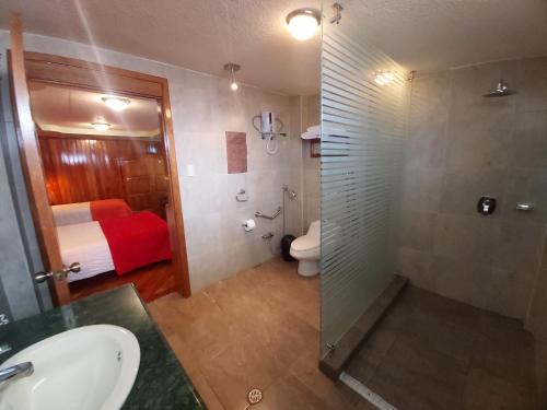 ein Bad mit einer Dusche, einem WC und einem Waschbecken in der Unterkunft Mirador de Bellavista Riobamba in Riobamba