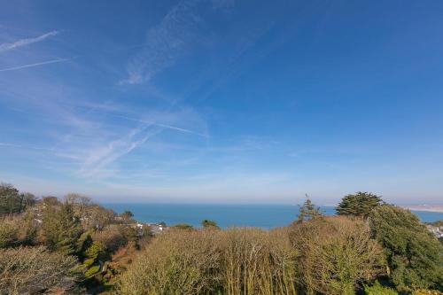 a view of the ocean from a hill with trees at Sea Vista in Carbis Bay