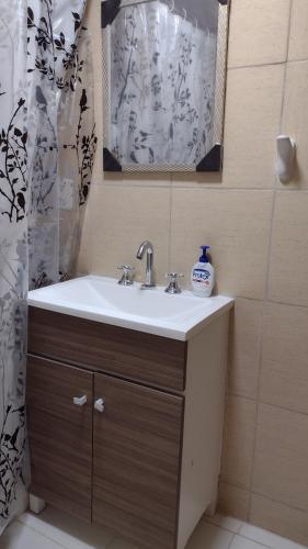 a bathroom with a sink and a shower curtain at Tan Ushuaia in Ushuaia