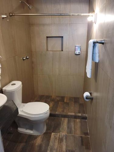 a bathroom with a toilet and a shower at Bonito Departamento con 2 camas con clima, parking, wifi 110mb, ,cocineta, 8 in Ciudad Valles