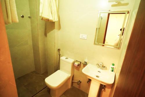 uma casa de banho com um lavatório, um WC e um espelho. em Anand Kanan em Varanasi