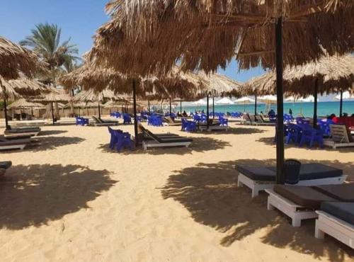 a beach with chairs and straw umbrellas and the ocean at Palmera El Sokhna Chalets Families Only in Ain Sokhna