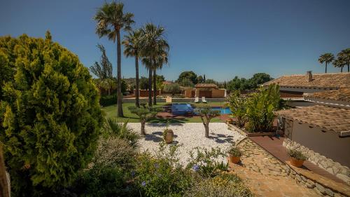 einen Hinterhof mit Pool und Palmen und ein Haus in der Unterkunft Hotel Boutique Canelobre in Busot