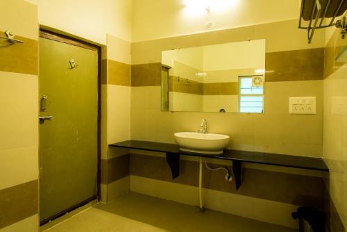 a bathroom with a sink and a mirror at Dandeli Nature Resort in Dandeli