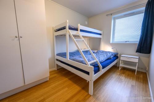 a bedroom with a bunk bed with a ladder at Great apartment with a lovely view of the sea and mountains in Kvaløya