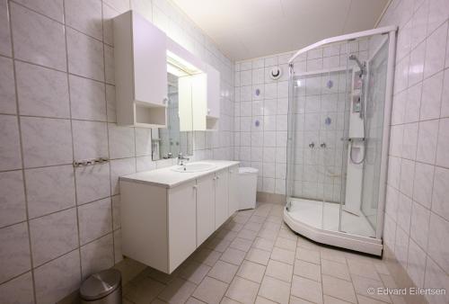 y baño blanco con lavabo y ducha. en Great apartment with a lovely view of the sea and mountains en Kvaløya
