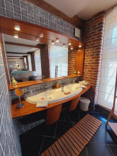 a bathroom with a large sink and a large mirror at Baiser de Cupidon in Verviers