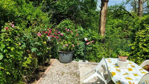 a table and chairs in a garden with flowers at Modern apartment in Borgo San Lorenzo 50 m² with balcony in Borgo San Lorenzo