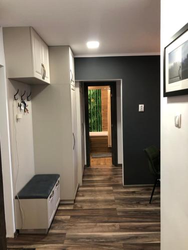 a hallway with black walls and wooden flooring at Cityscape Comfort with key lockbox in Sfântu-Gheorghe
