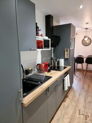 une cuisine avec un évier et un comptoir dans l'établissement La Comoé - 5 min centre Pau - 1 chambre - Parking, à Billère