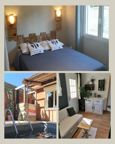 - deux photos d'une chambre avec un lit et une baignoire dans l'établissement Location saisonnière du Moulin, à Saint-Saturnin-les-Avignon