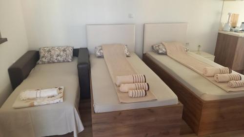 twee bedden in een kamer met handdoeken erop bij Villa Lucija in Veles