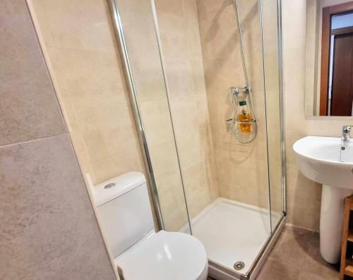 um chuveiro com WC e um lavatório na casa de banho em Apartamento Vacacional Roma em Barro de Llanes