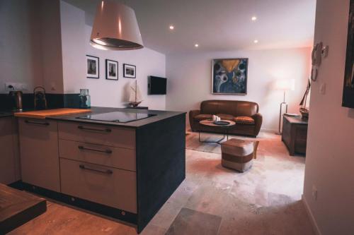 Il dispose d'une cuisine et d'un salon avec un évier et un canapé. dans l'établissement Appartement avec cour privée Centre ville Classé 4 étoiles Remparts 1, à La Rochelle