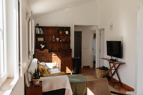 a living room with a couch and a tv at Casa da Maria • Natural Côte • Aljezur in Maria Vinagre