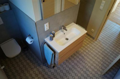 a bathroom with a sink and a toilet at Waldheimat in Miltach