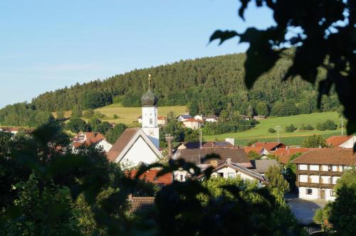 a small town with a church and a hill at Waldheimat in Miltach