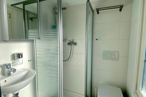a bathroom with a shower and a toilet and a sink at Rössli Self Check in 24-7 Free Parking in Unterägeri