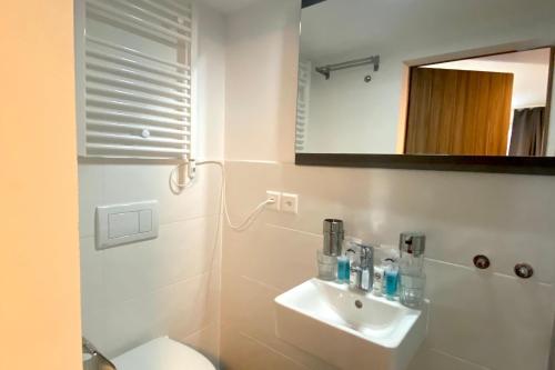 a bathroom with a sink and a toilet and a mirror at Rössli Self Check in 24-7 Free Parking in Unterägeri