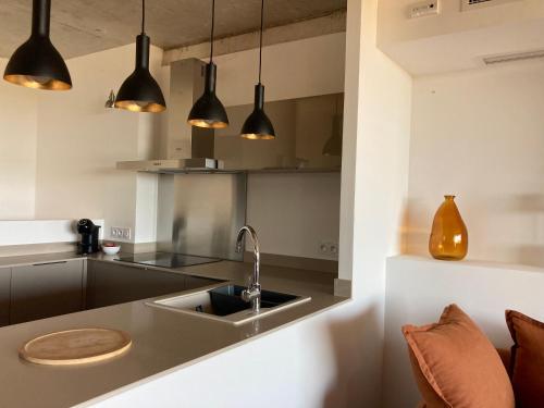 una cocina con fregadero y algunas luces colgantes en Les Lofts de Sainte-Lucie-de-Porto-Vecchio, en Sainte-Lucie de Porto-Vecchio