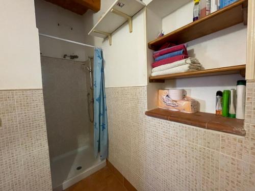 a bathroom with a shower and shelves with towels at Wonderful house in the heart of Sicily in Piazza Armerina