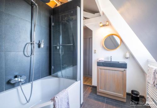 uma casa de banho com um chuveiro e um lavatório. em La Ragotière em Froyennes