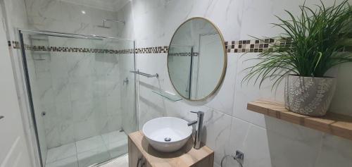 a bathroom with a shower and a sink and a mirror at PepperTree Guest House Paulshof Jhb Sandton Solar&Borehole in Johannesburg