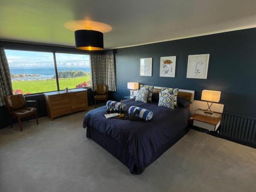 a bedroom with a large bed and a large window at Castlepoint in Strangford