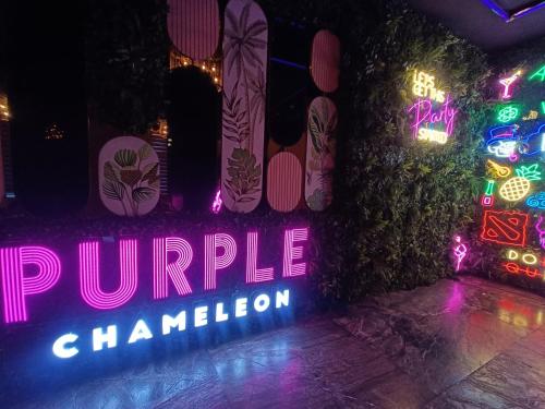 a group of neon signs that say purpleambosembly at Boulevard by Design Hotel Chennai in Chennai