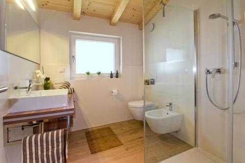 a bathroom with a shower and a sink and a toilet at Apartments Cornelia in Castelrotto