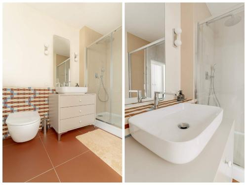 two pictures of a bathroom with a tub and a toilet at Parkowy Zakątek na Starówce in Mrągowo