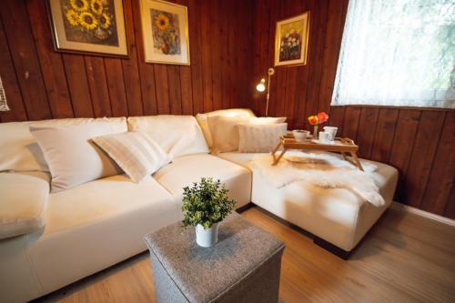 uma sala de estar com um sofá branco e uma mesa em Beautiful Wooden House with Jacuzzi - Chalet Hisa Karlovsek em Smarjeske Toplice