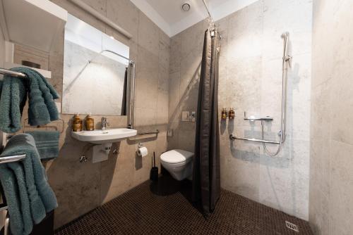 uma casa de banho com um chuveiro, um WC e um lavatório. em Ambrosia Guesthouse em Rheinfelden