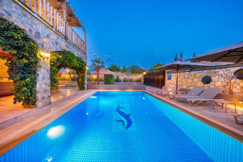 a swimming pool with a dolphin stencil in a house at VILLAS KAYAKOY 1 OLUDENIZ/FETHIYE in Kayakoy