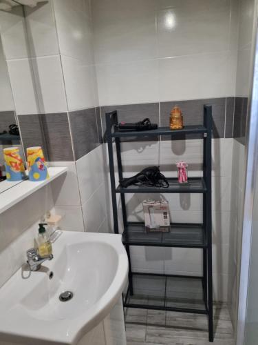 baño con lavabo blanco y estante negro en T1 meublé, en Saint-Chamond