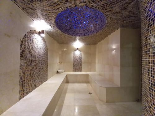 Brosko Hotel Arbat في موسكو: حمام به مرحاض وسقف أزرق