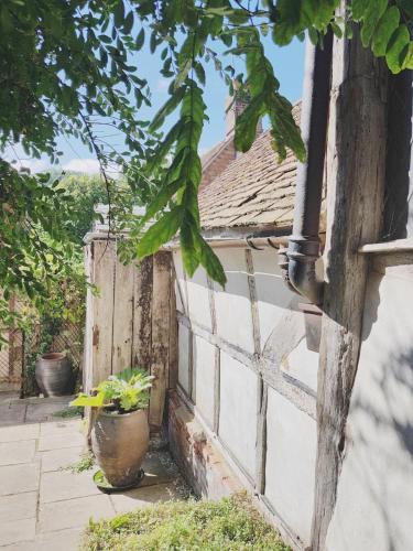 an old wooden fence with a potted plant next to it at Roselina in Hastings