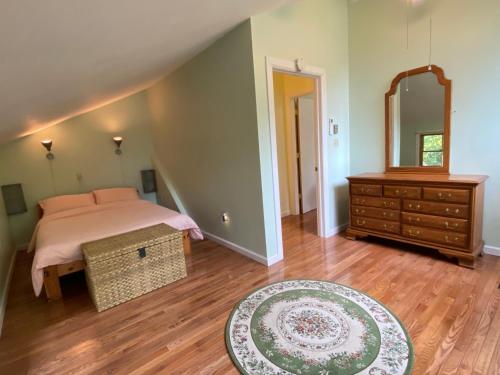 a bedroom with a bed and a dresser and a mirror at Secluded Chalet On Stream-Mins to Camelback in Tannersville