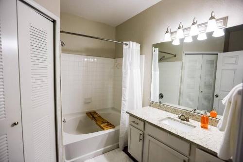 a bathroom with a tub and a sink and a mirror at Lux 2BD 2BA minutes from the water in Pensacola
