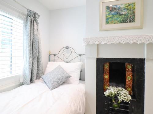 a bedroom with a bed with a fireplace at Tan Y Ddol in Welshpool