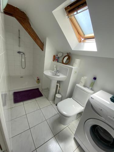 une salle de bain avec un lavabo et une machine à laver dans l'établissement Maison Individuelle avec jardin privatif, à Avon