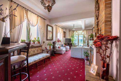 a living room with a red carpet at Villa-Hotel Escala in Cluj-Napoca