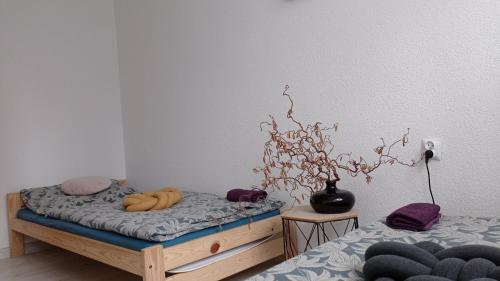 1 dormitorio con 2 camas individuales y un jarrón en Babcares Apa Góry Izerskie, en Mirsk